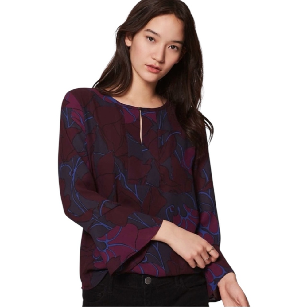 LOFT Floral Bell Sleeve Blouse Burgundy Blue Keyhole Top Size Small